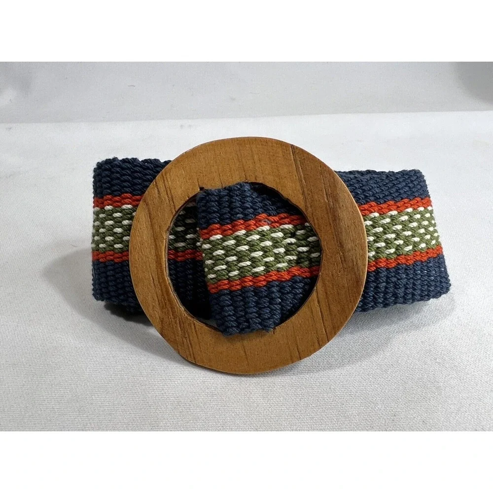 Vintage Wide Canvas Belt Women's Petite Woven Blue Green Red Wooden Buckle‎